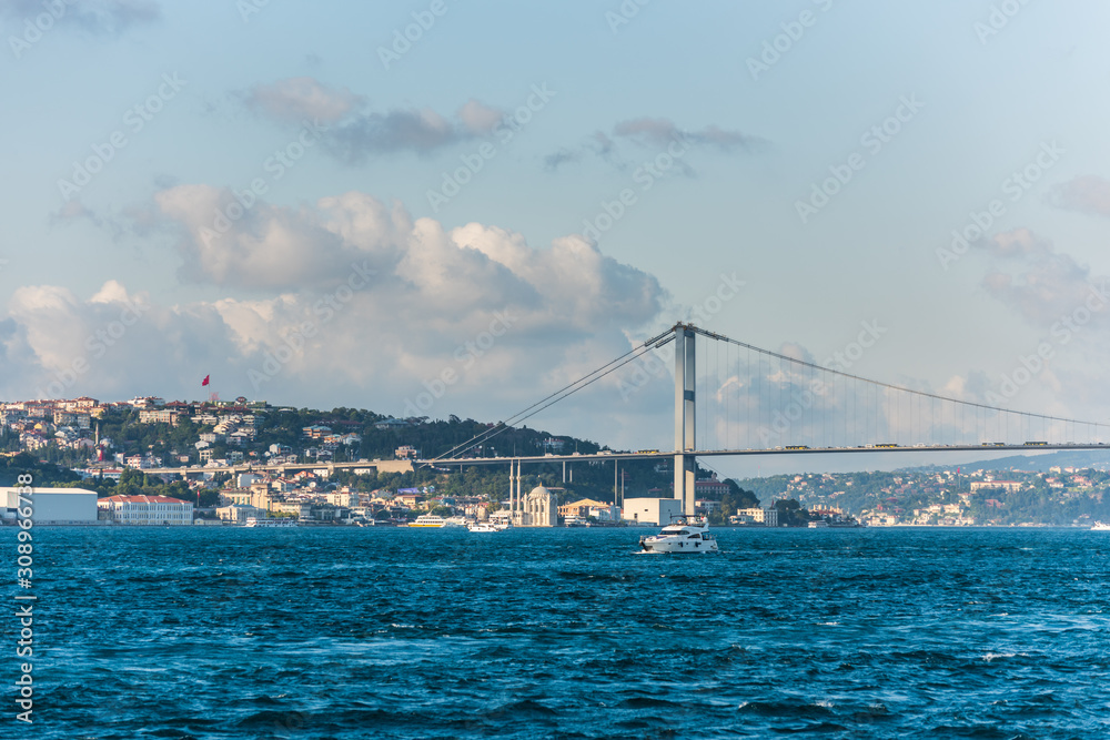 Beautiful view of Bosphorus bridge cross the strait, View from Uskudar, Istanbul, Turkey, on the Anatolian shore of the Bosphorus. Beautiful view of Bosphorus bridge cross the strait, View from Uskudar, Istanbul, Turkey, on the Anatolian shore of the Bosphorus.