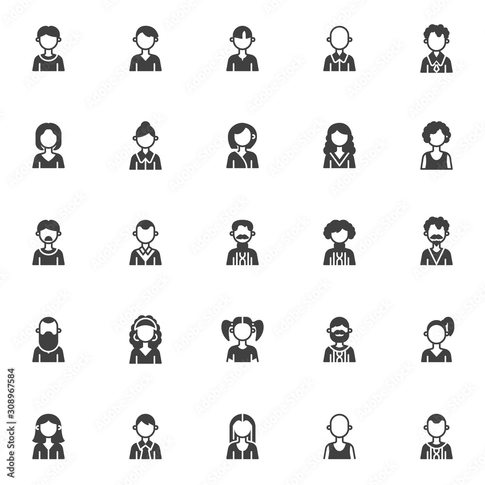 Faceless people avatars vector icons set, modern solid symbol collection, filled style pictogram pack. Signs, logo illustration. Set includes icons as girl, woman, man, guy, boy, business lady Faceless people avatars vector icons set, modern solid symbol collection, filled style pictogram pack. Signs, logo illustration. Set includes icons as girl, woman, man, guy, boy, business lady