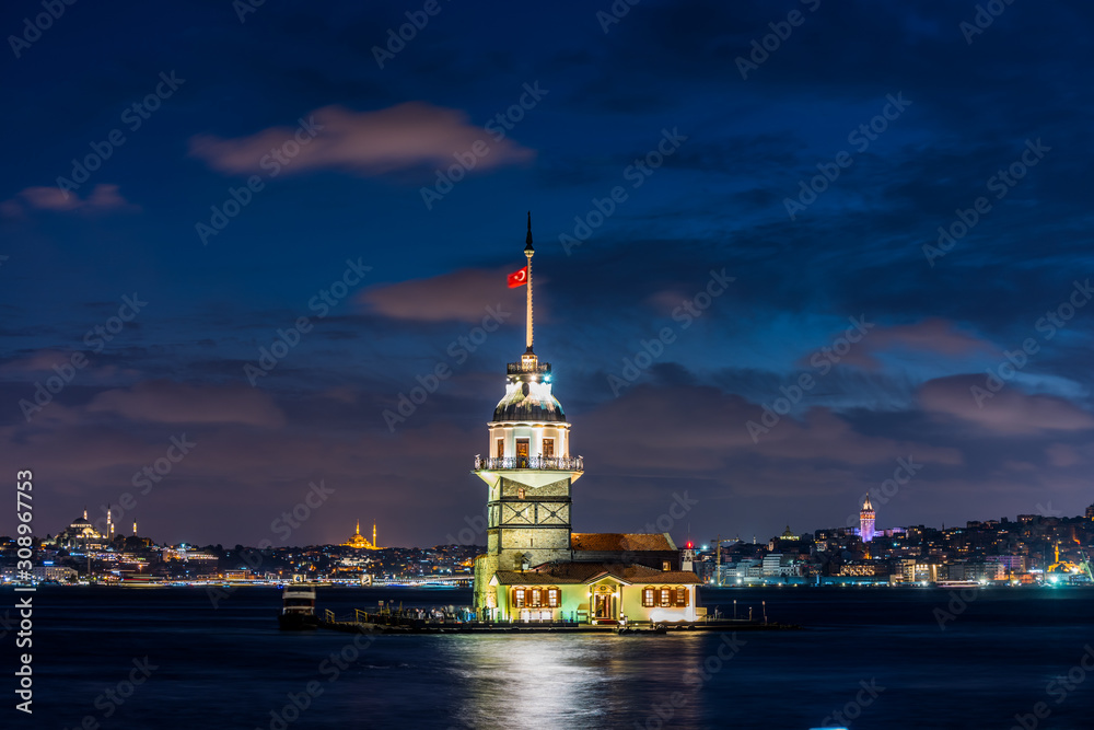 Night view of the Maiden's Tower, also known as Leander's Tower since the medieval Byzantine period, is a tower lying on a small islet located at the southern entrance of the Bosphorus strait Night view of the Maiden's Tower, also known as Leander's Tower since the medieval Byzantine period, is a tower lying on a small islet located at the southern entrance of the Bosphorus strait