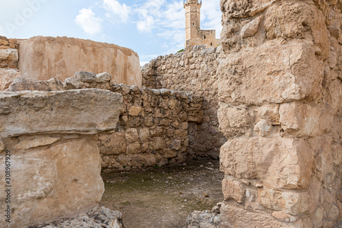 Archaeological excavations of the crusader fortress located on the site of the tomb of the prophet Samuel on Mount Joy near Jerusalem in Israel