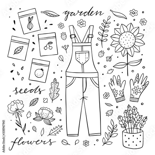 Gardening and farming doodle illustrations. Vector elements with plants, flowers, seeds, agricultural objects