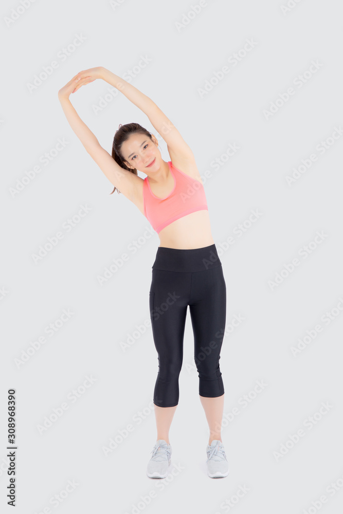 Beautiful young asian woman in sport standing stretch muscle arm workout  with healthy isolated on white background, girl wear shape fit warm up and  exercise and yoga for health, wellness concept. Stock