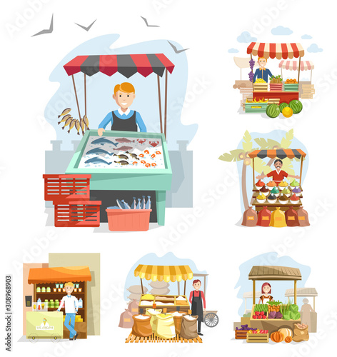 Farm market stands and booths with vendors offering various products