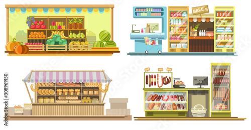 Food booths or grocery store interiors with products on display