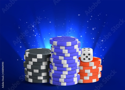 Casino banner with white dice, blue, black and red chips on dark background. Vector illustration concept.