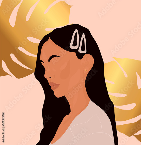 Woman with black hair and hairpins in Minimal Style. Abstract Contemporary collage in a modern trendy style. Vector Portrait of a female. For Beauty Concept, t-Shirt, card, poster, social media post