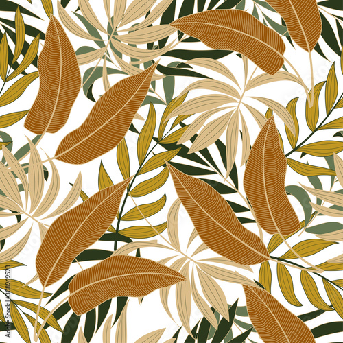 Botanical seamless tropical pattern with bright green and yellow plants and leaves on delicate background. Modern abstract design for fabric, paper, interior decor.