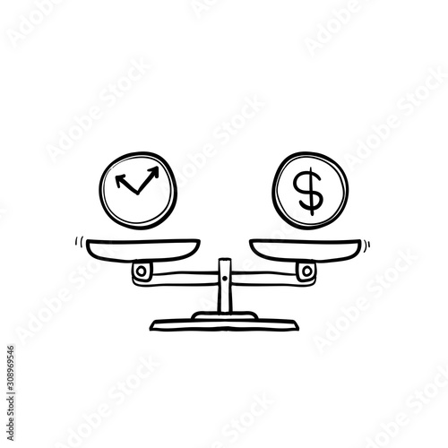 Time is money on scales icon. Money and time balance on scale. Weights with clock and money coin. Vector illustration in hand drawn doodle style isolated