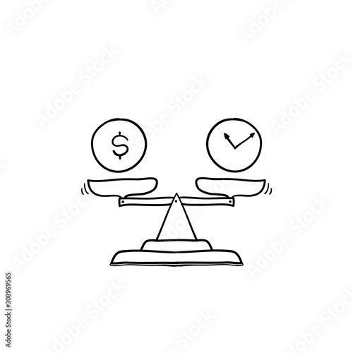 Time is money on scales icon. Money and time balance on scale. Weights with clock and money coin. Vector illustration in hand drawn doodle style isolated