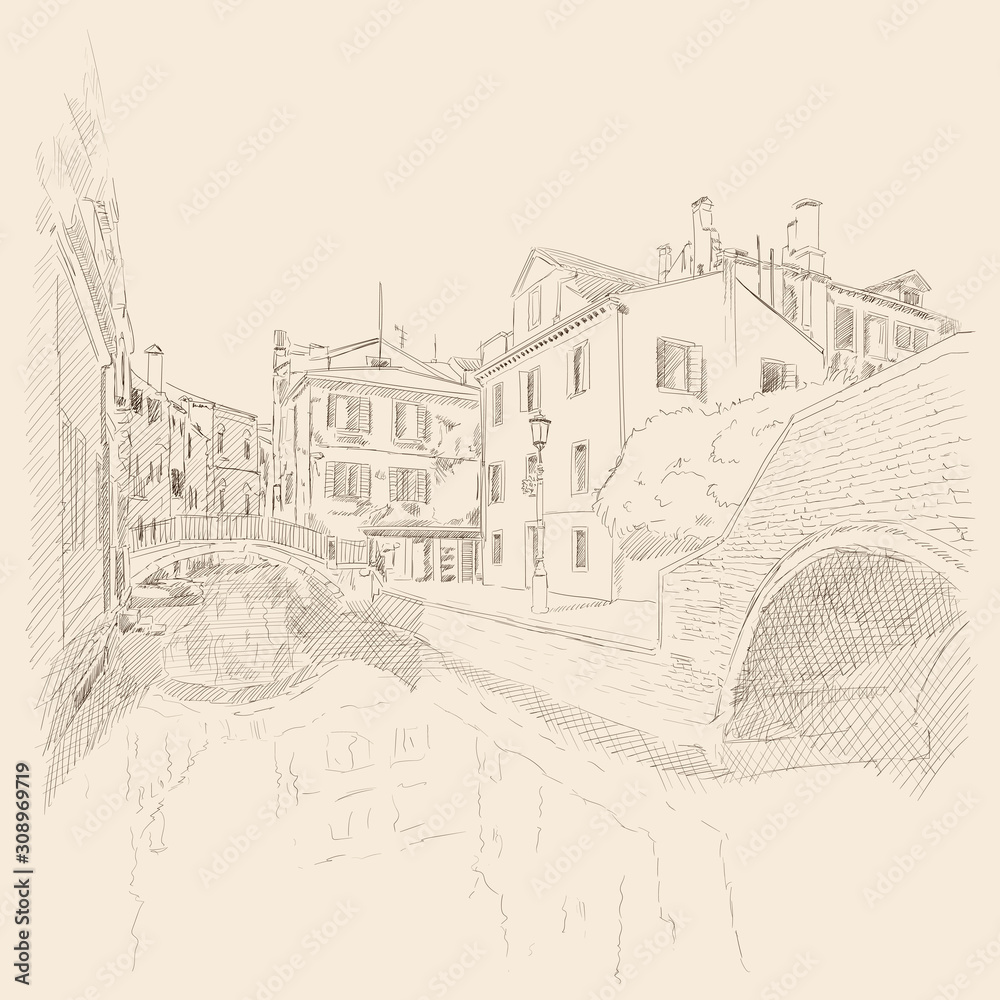 Scenery of the old city of Venice. Ancient buildings, a water channel. Pencil sketch.