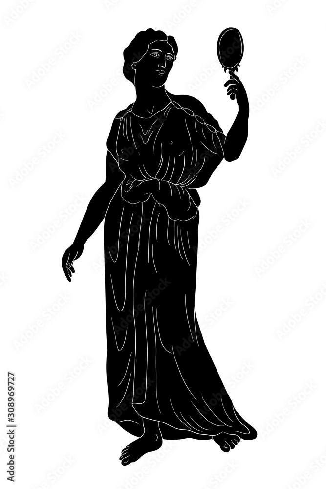 An ancient Greek woman in a tunic standing, holding a mirror in his hand and looking into it. Vector image isolated on white background.