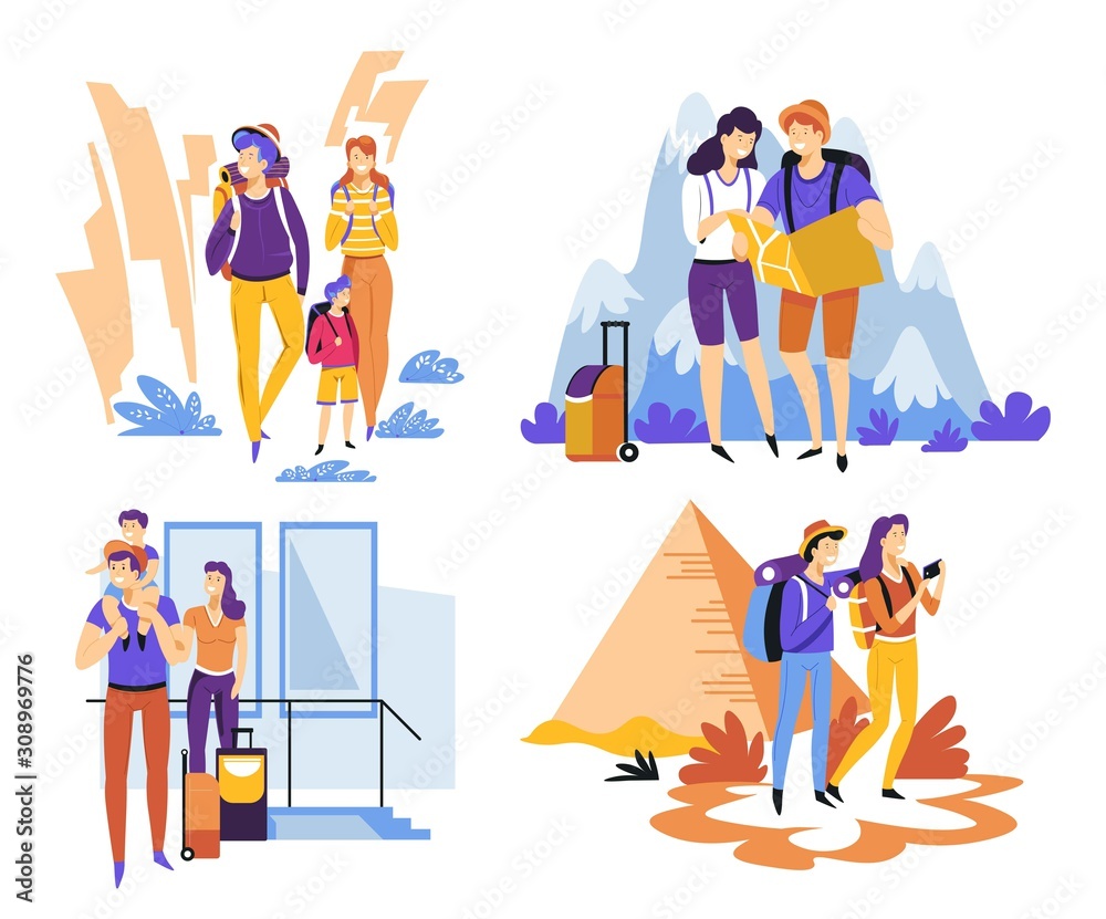 Couple with kid travelling carrying backpacks and sightseeing