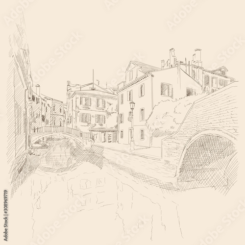 Scenery of the old city of Venice. Ancient buildings  a water channel. Pencil sketch.