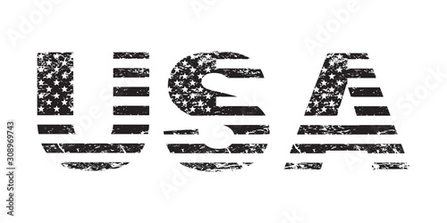 USA flag grunge text, American flag in letters, black isolated on white background, vector illustration.
