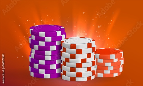 Casino banner with dice and chips on red background. Vector illustration concept.
