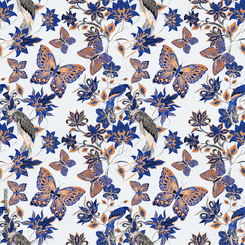 Watercolor seamless pattern with paisley flowers, butterflies and birds in ethnic style. Floral decoration. Traditional paisley pattern. Textile design texture.Tribal ethnic vintage seamless pattern. photo