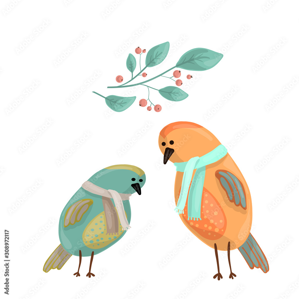 Cute blue and orange bird in scarf , green twig with red berries drawn in cartoon style. Copy space.