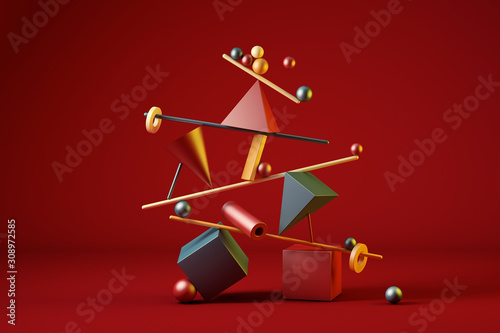 Fototapeta Naklejka Na Ścianę i Meble -  3D illustration of several colorful geometric figures placed forming a minimalist structure in balance that is about to fall. 3D rendering. Balance, imbalance, stability and instability concepts