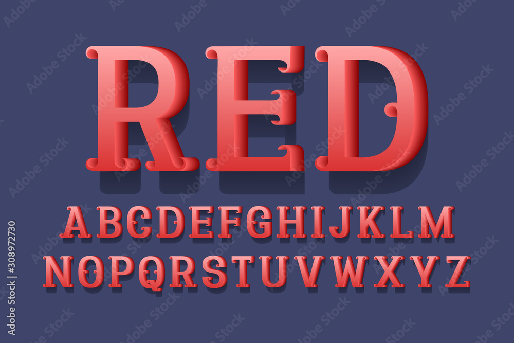 Volumetric alphabet of red letters with curly serifs. 3d retro font. Isolated english alphabet.