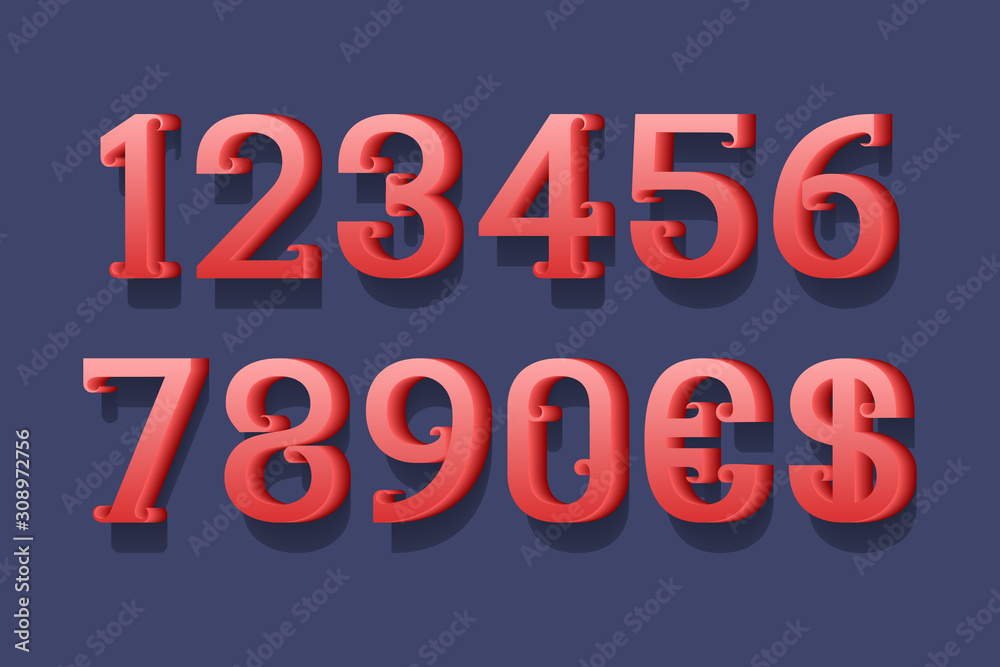 Red 3d numbers and currency signs with curly serifs.