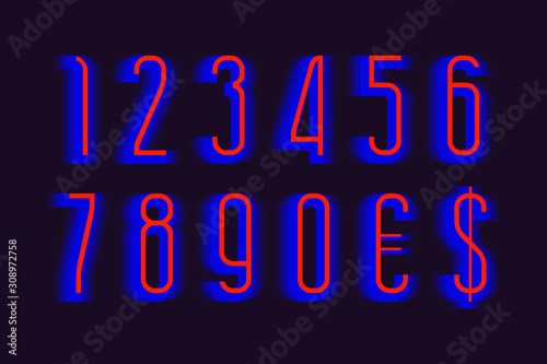 Red blue layered energetic numbers and currency signs.