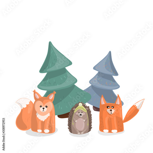 Forest inhabitants under the Christmas trees on a white background, cute animals painted in cartoon style. Copy space.