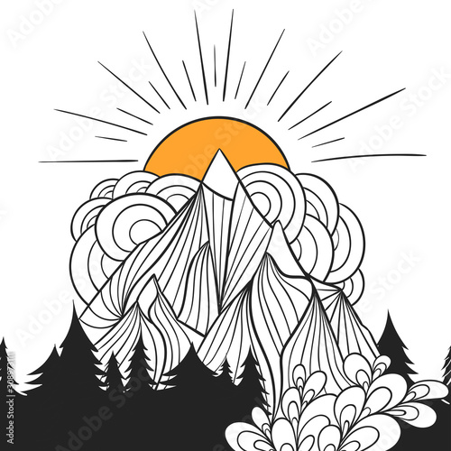 Doodle illustration of sunrise in a forest with mountains. Outdoor tourism art. Camping emblem for coloring. Easy to change colors.