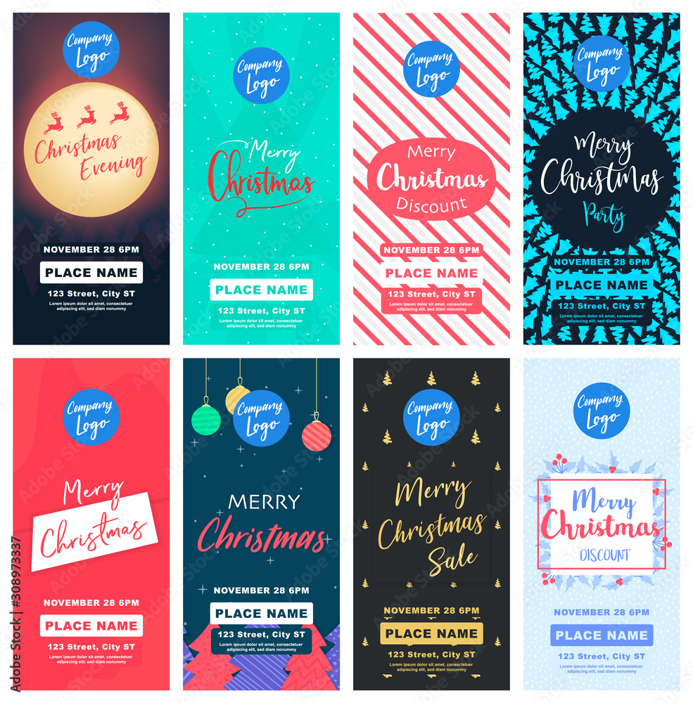 Merry Christmas DL Flyer Banner poster template vector illustration offer holiday greeting card pack set