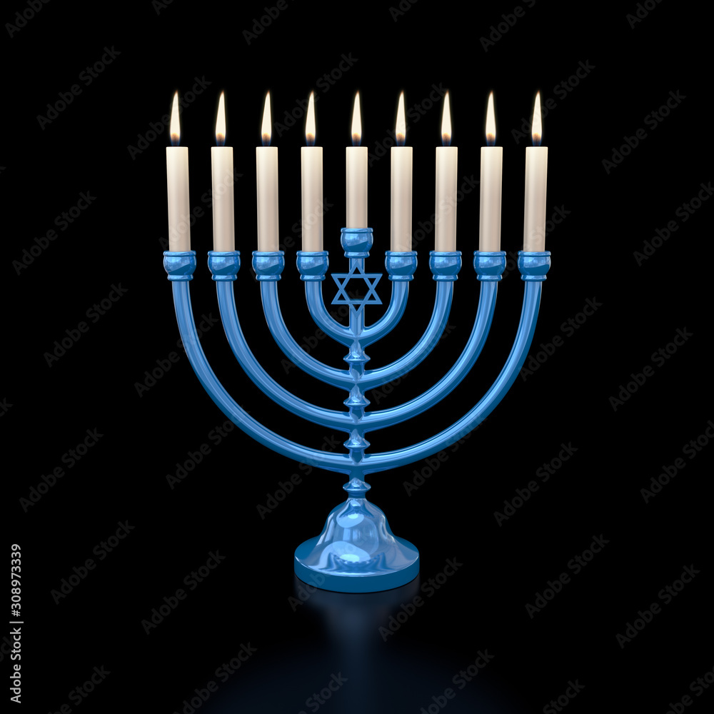 Star of David blue Hanukkah menorah on black background Star of David blue Hanukkah menorah on black background
