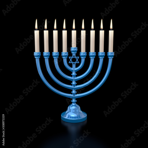 Star of David blue Hanukkah menorah on black background