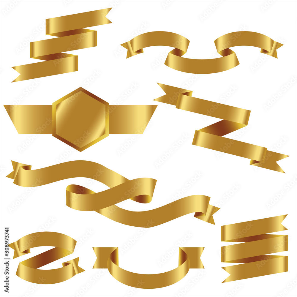 GOLD Ribbon Set In Isolated For Celebration And Winner Award Banner White Background, Vector Illustration