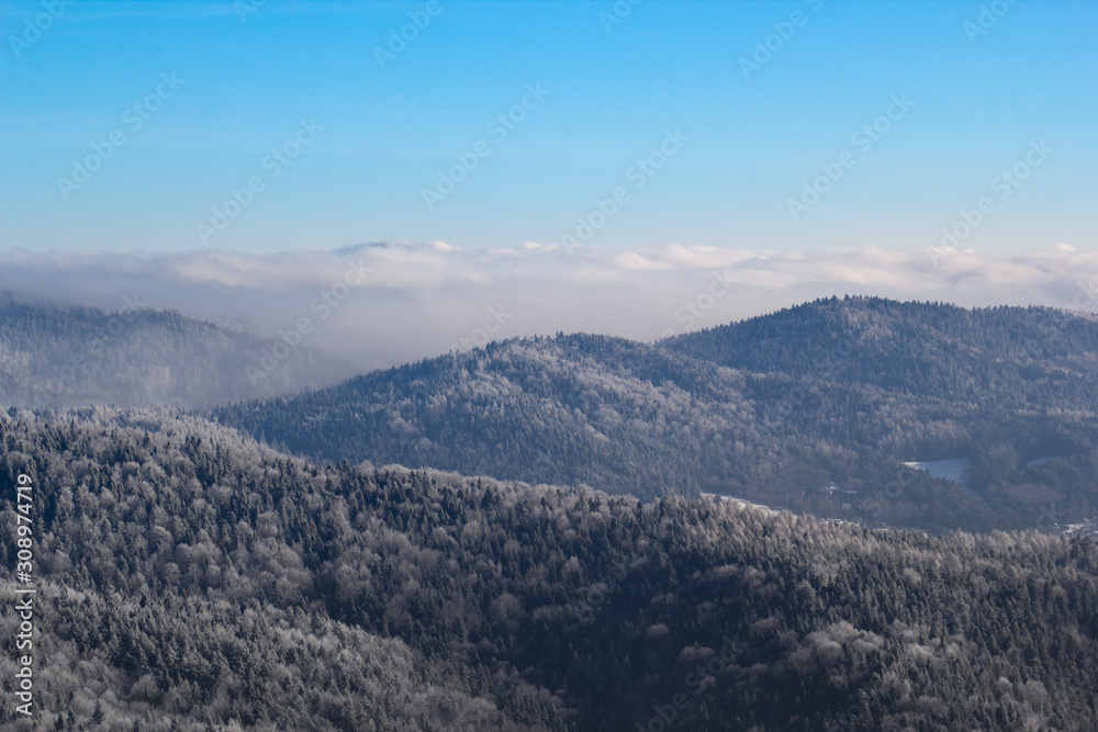 Beskid Sadecki Mountains in winter. View from Jaworzyna Krynicka, Poland.