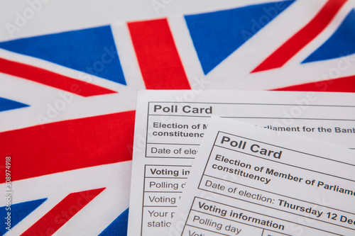 Polling vote Card for the UK General election on a Union Jack flag