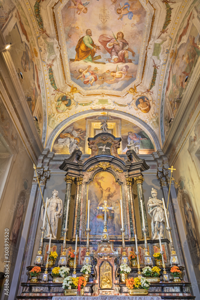 COMO, ITALY - MAY 9, 2015: The presbytery of church Chiesa di San Andrea Apostolo (Brunate) with the frescoes (st. Andrew and Maurice) by Giampaolo Recchi (1679 - 1681).