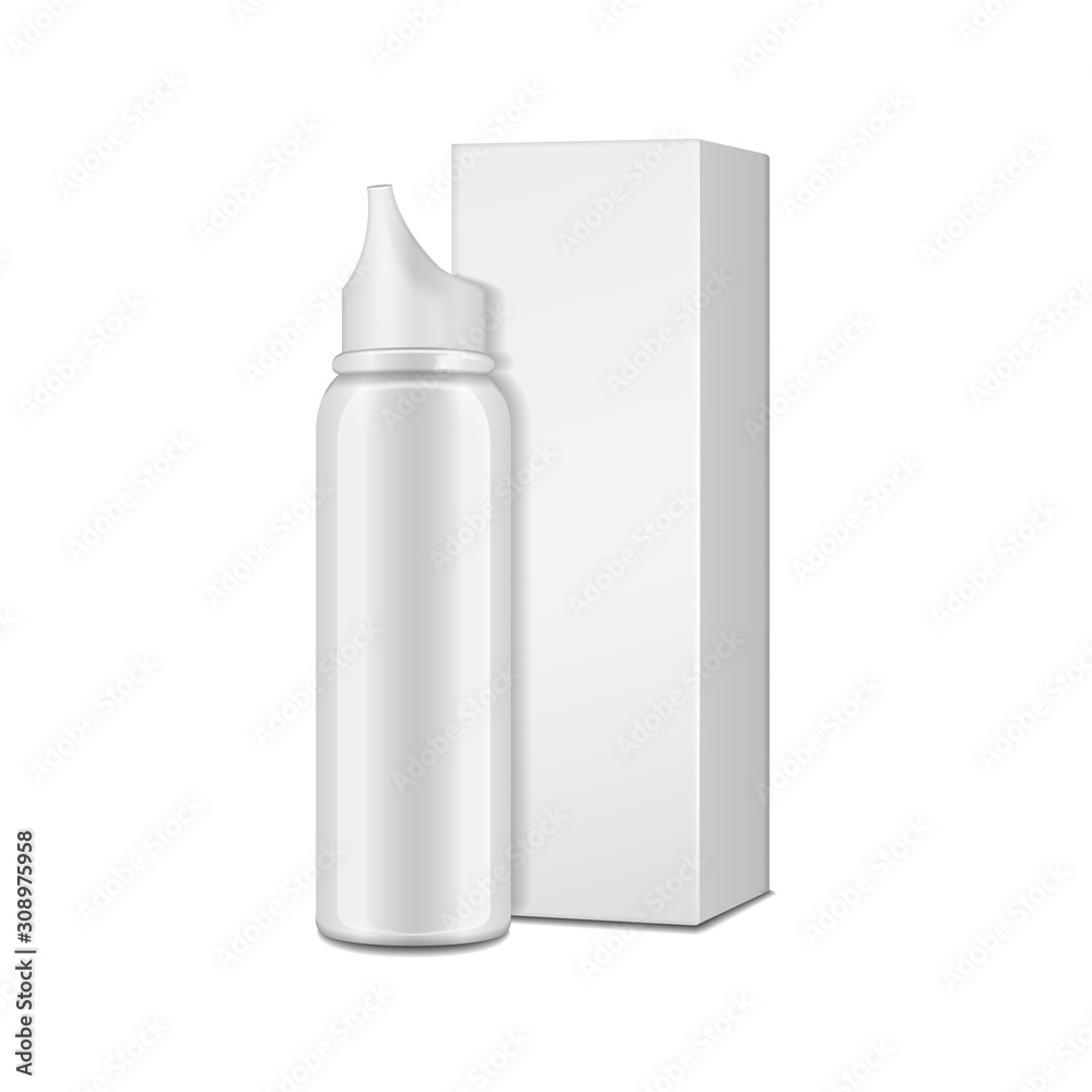 Vecteur Stock Aluminum white bottle with sprayer for nasal spray with  cardboard box. Vector realistic packaging mockup template | Adobe Stock