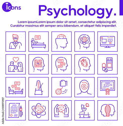 Psychology items color linear icons set