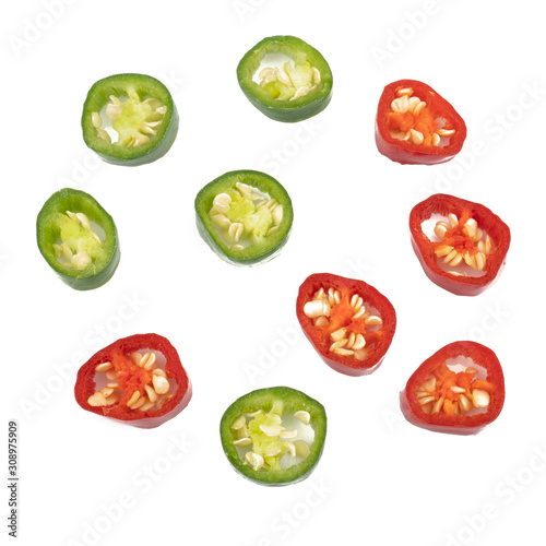 Fresh Green and red chili pepper with sliced isolated on white background, concept of vegetable ingredients in food.top view