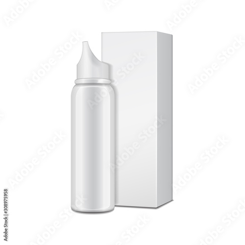 Aluminum white bottle with sprayer for nasal spray with cardboard box. Vector realistic packaging mockup template