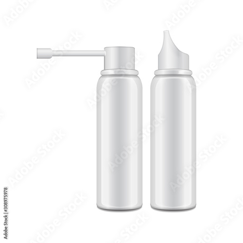 Aluminum white bottle with sprayer for oral and nasal spray. Vector realistic packaging mockup template