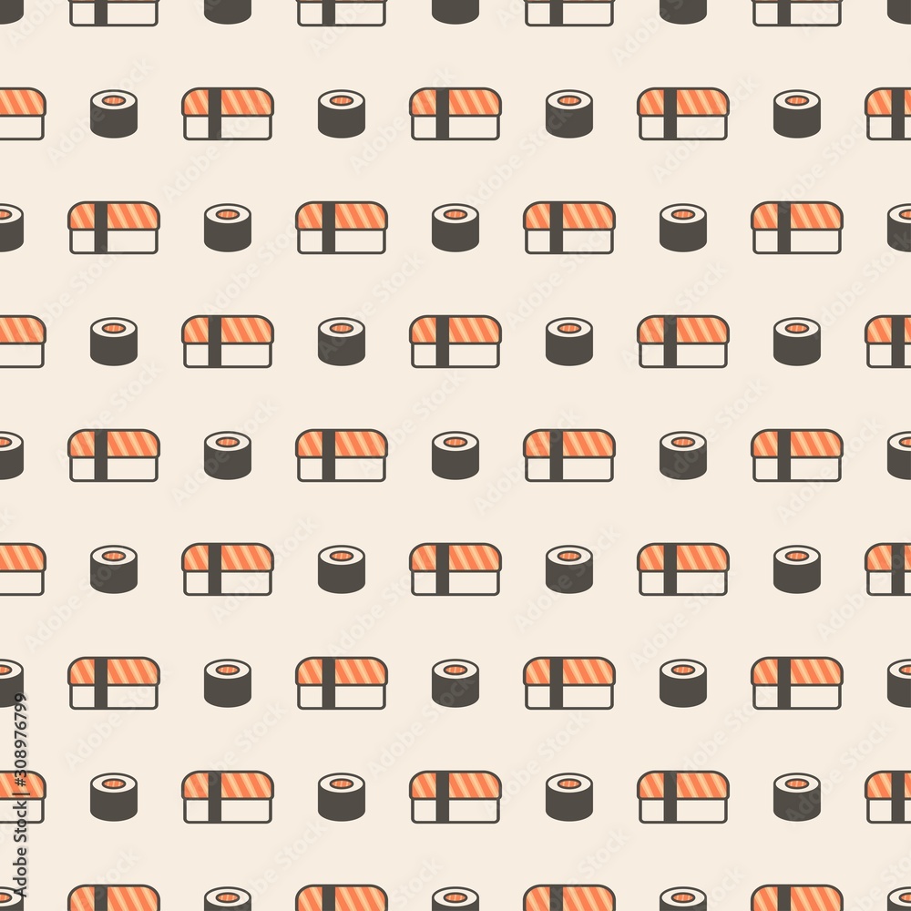 Salmon roll and sushi. Traditional japanese food. Minimalistic icon. Colorful graphic vector seamless pattern. Cartoon style, simple flat design. Trendy illustration. Equal interval