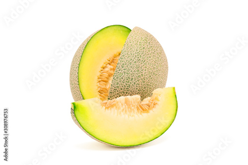 Japanese melon and seeds cut slice isolated on white background