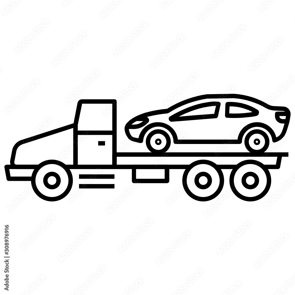 Roadside Assistance Concept, Car on flatbed Truck Carrier Service Vector Icon design