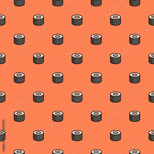 Sushi salmon roll. Traditional japanese food. Minimalistic icon. Colorful graphic vector seamless pattern. Cartoon style, simple flat design. Trendy illustration. Orange background. Equal interval