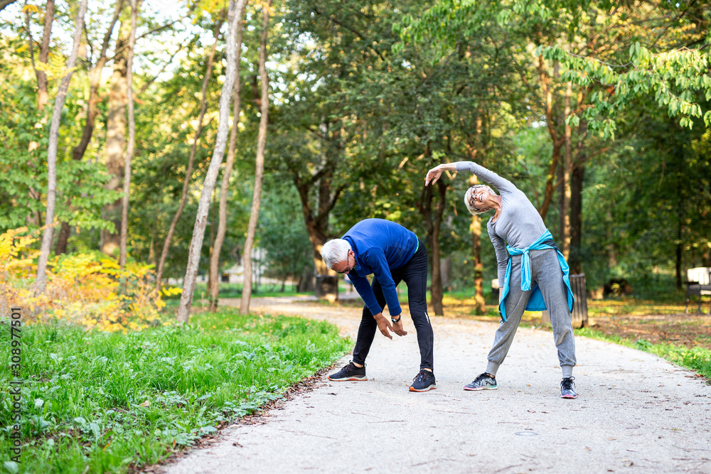 Mature couple man and woman jogging in the park Mature couple man and woman jogging in the park