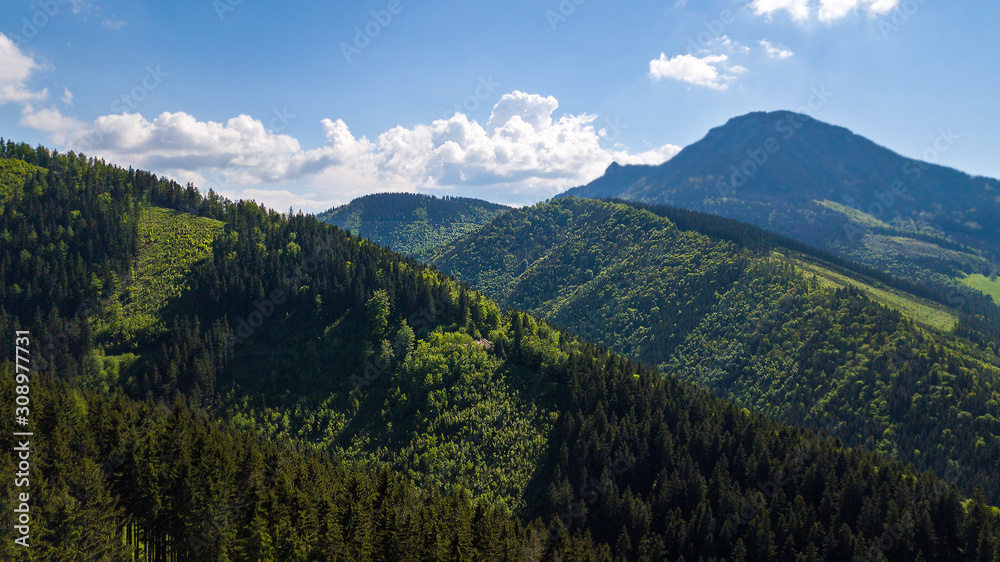 Aerial view of mountain peaks in the Slovak Tatras