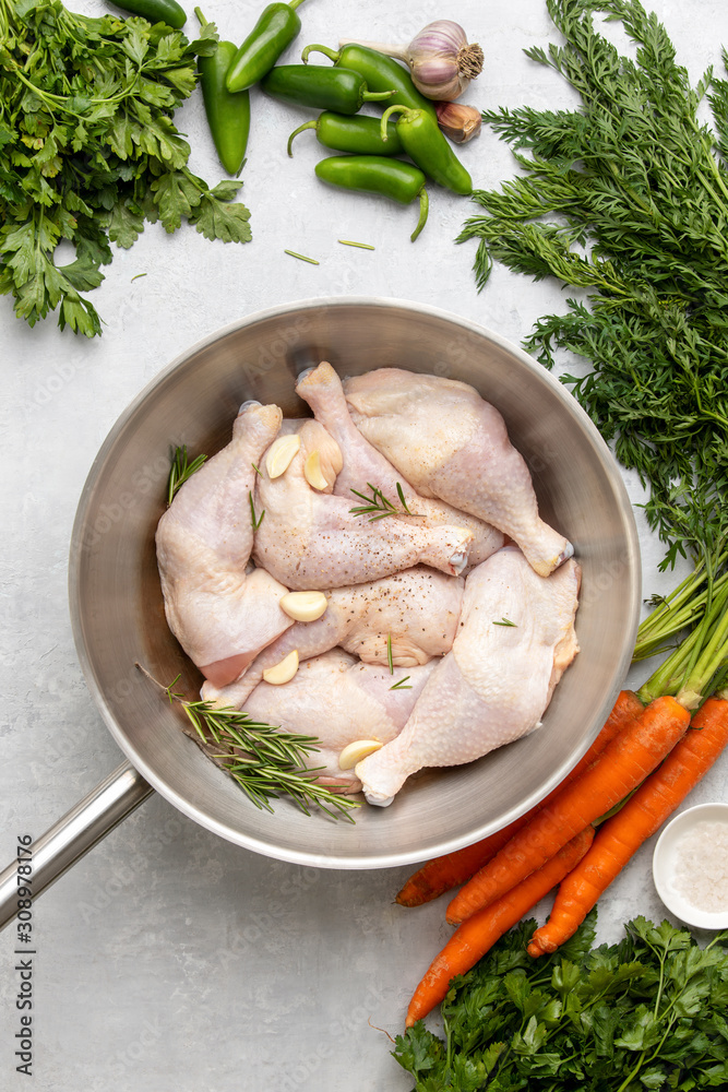 Marinated raw chicken chunks in a pan, poultry cooking concept Marinated raw chicken chunks in a pan, poultry cooking concept