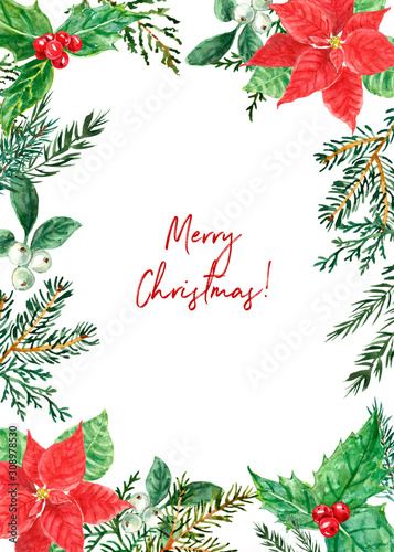 Merry Christmas and happy New card border with watercolor grenery leaves, poinsettia flowers, holly berries and pine branches, isolated on white background. Floral winter holiday frame.
