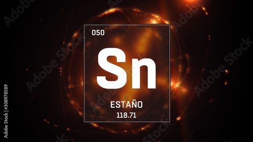 3D illustration of Tin as Element 50 of the Periodic Table. Orange illuminated atom design background with orbiting electrons. Name, atomic weight, element number in Spanish language photo