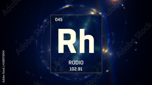 3D illustration of Rhodium as Element 45 of the Periodic Table. Blue illuminated atom design background with orbiting electrons. Name, atomic weight, element number in Spanish language photo