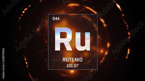 3D illustration of Ruthenium as Element 44 of the Periodic Table. Orange illuminated atom design background with orbiting electrons. Name, atomic weight, element number in Spanish language photo